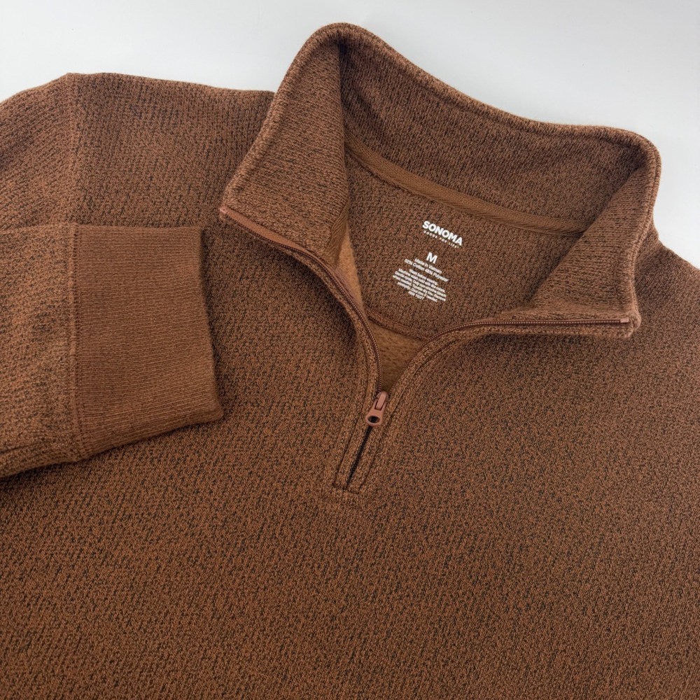 Sonoma Pullover Men Medium Brown Quarter Zip Textured Knit Mock Neck Sweater